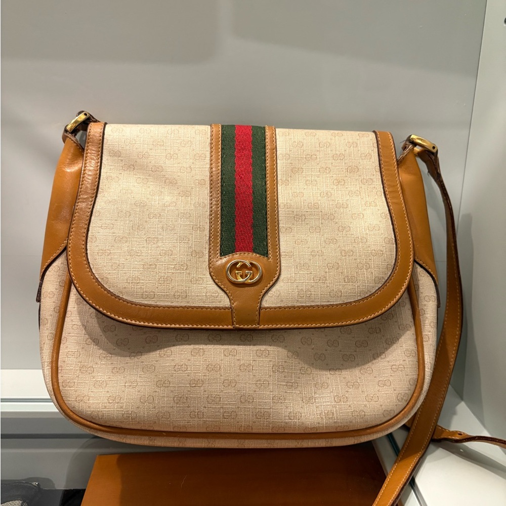 Gucci Cream and Brown Crossbody Bag with Signature Monogram